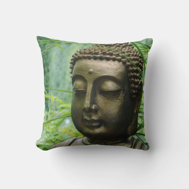 Peaceful Buddha Statue in a Leafy Green Forest Throw Pillow (Front)