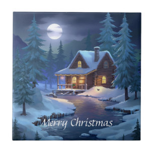 Peaceful Cabin in Winter Forest Ceramic Tile