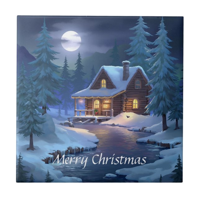 Peaceful Cabin in Winter Forest Ceramic Tile (Front)