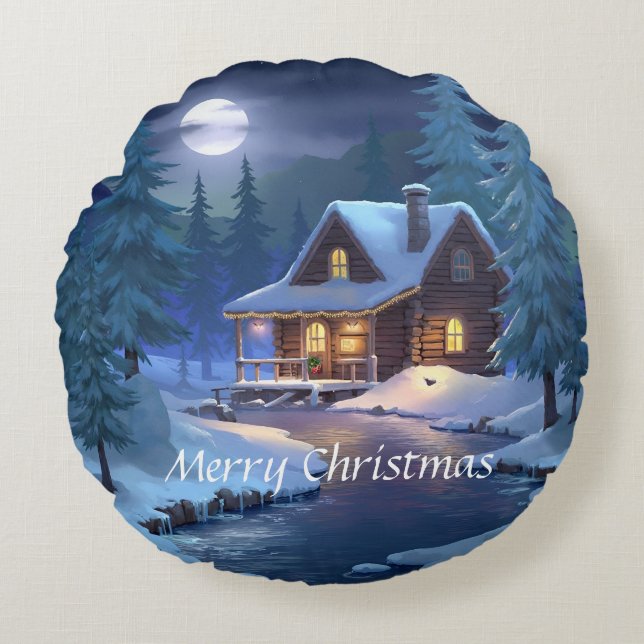 Peaceful Cabin in Winter Forest Round Pillow (Front)