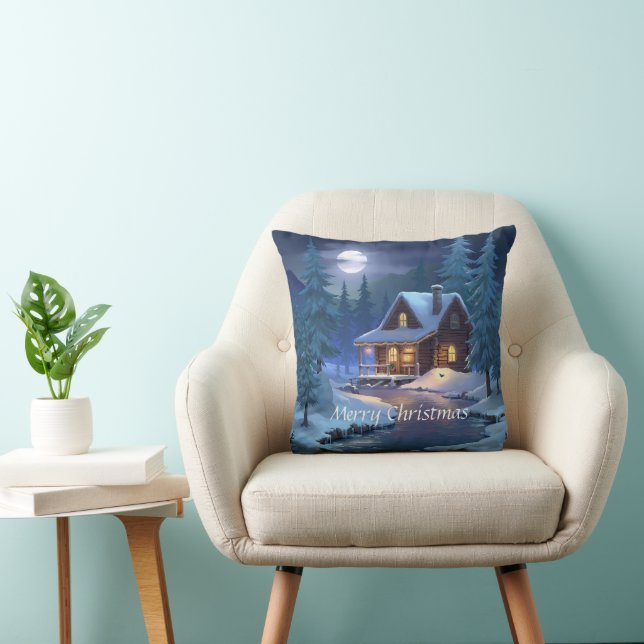 Peaceful Cabin in Winter Forest Throw Pillow (Chair)