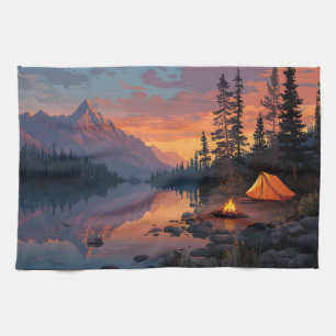 Peaceful Camping Scene by a Mountain Lake Kitchen Towel