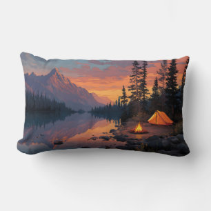 Peaceful Camping Scene by a Mountain Lake Lumbar Pillow