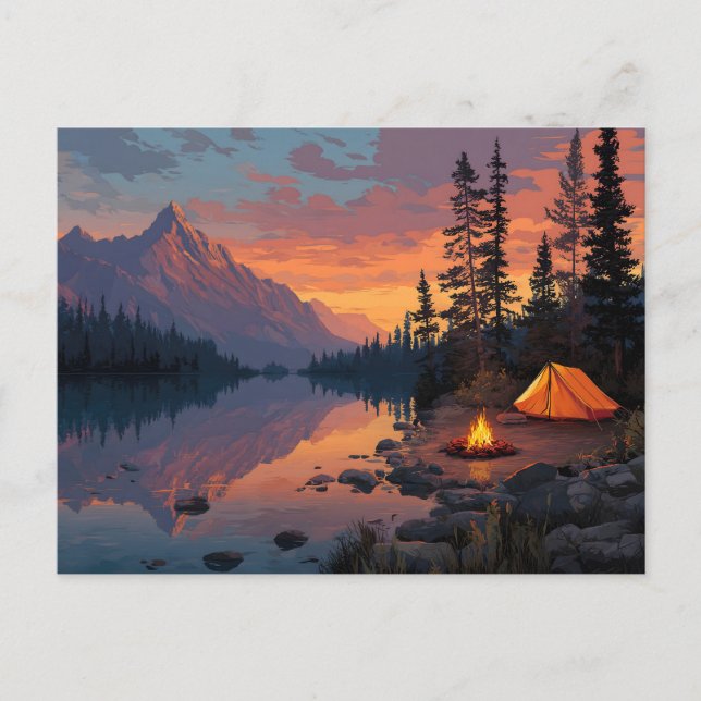 Peaceful Camping Scene by a Mountain Lake Postcard (Front)