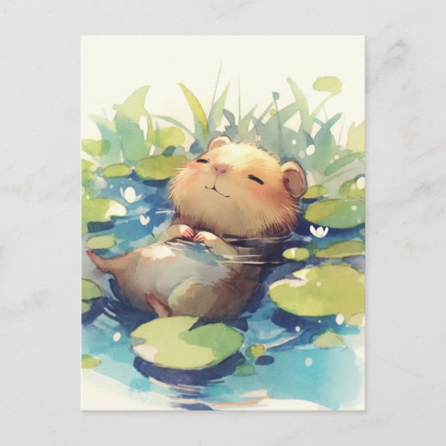 Peaceful Capybara Floating in Water Lily Pond Postcard (Front)