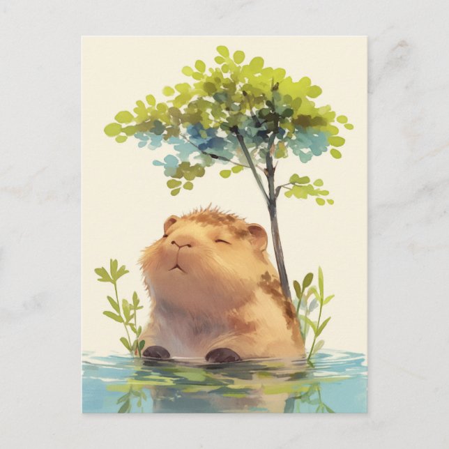 Peaceful Capybara in Water Under Green Tree Postcard (Front)