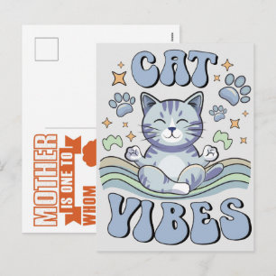 Peaceful cat vibes with relaxing cat blue and gree holiday postcard