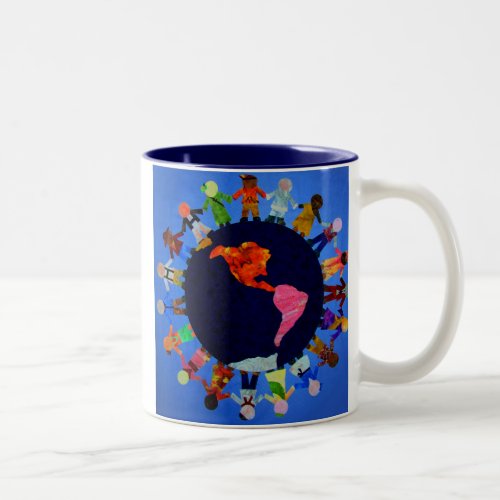 Peaceful Children around the World Blue Accent Mug