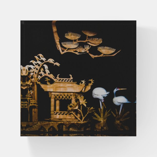 Peaceful Chinese Pagoda and Cranes Landscape Scene Paperweight (Front)