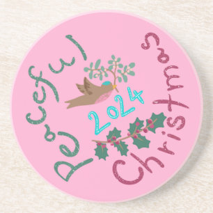 Peaceful Christmas 2024 mistletoe bird Ornament Coaster