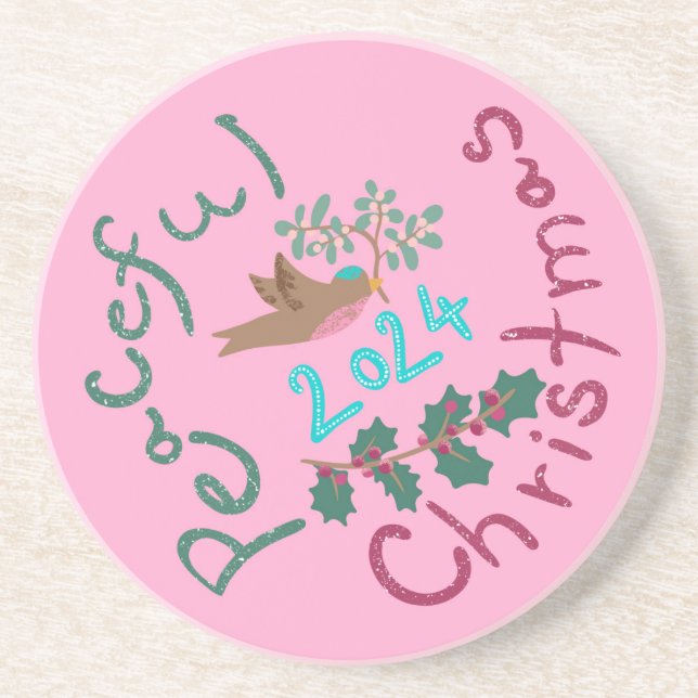 Peaceful Christmas 2024 mistletoe bird Ornament Coaster (Front)
