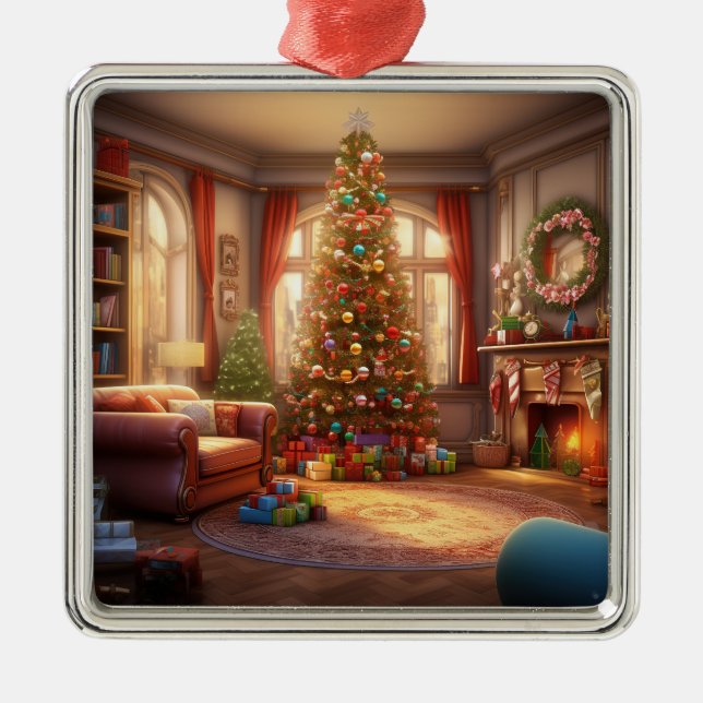 PEACEFUL CHRISTMAS MORNING WITH TREE AND PRESENTS METAL ORNAMENT (Front)