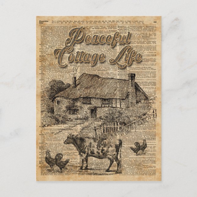 Peaceful Cottage Life Vintage Dictionary Art Postcard (Front)