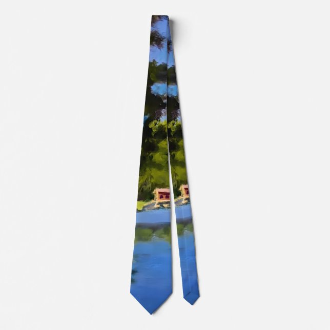 Peaceful Covered Bridge on Lake in Yellow Blue Neck Tie (Front)