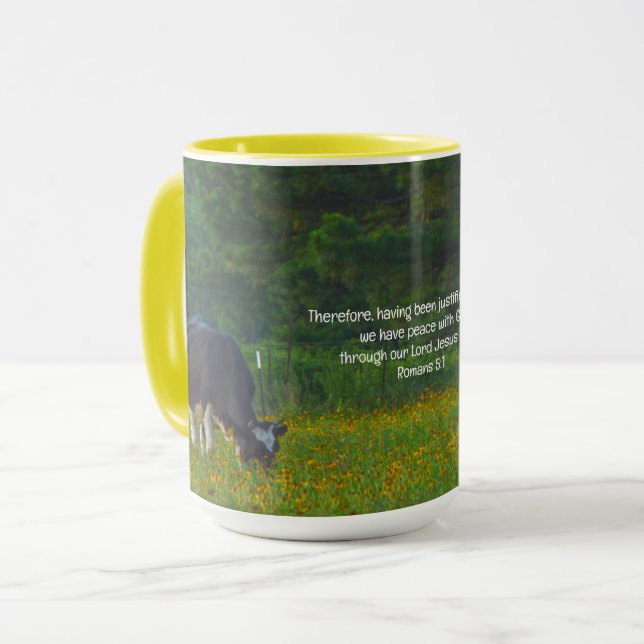 Peaceful Cows Grazing in Wildflower Bible Verse Mug (Front Left)