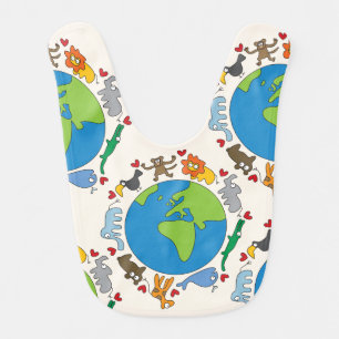 Peaceful Cute Cartoon Animals All Around The World Baby Bib