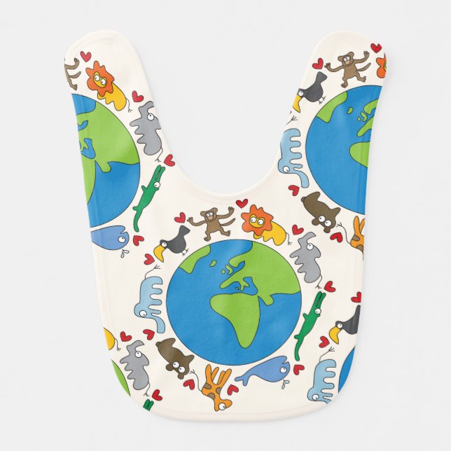 Peaceful Cute Cartoon Animals All Around The World Baby Bib (Front)