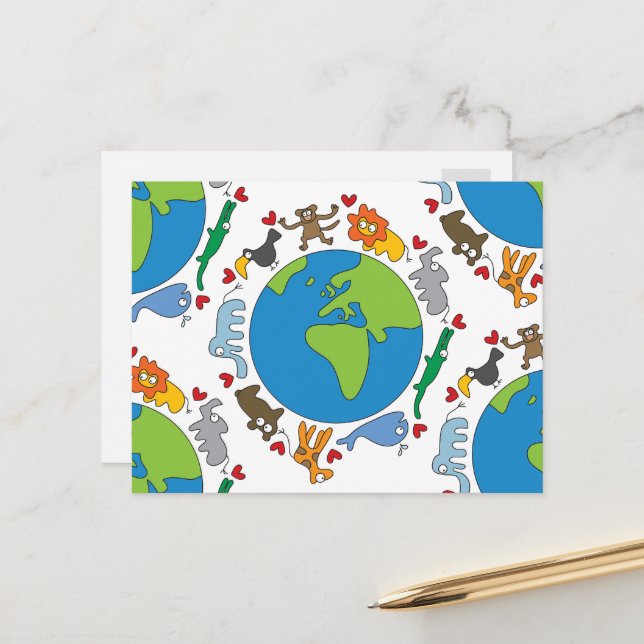 Peaceful Cute Cartoon Animals All Around The World Postcard (Front/Back In Situ)