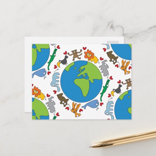 Peaceful Cute Cartoon Animals All Around The World Postcard