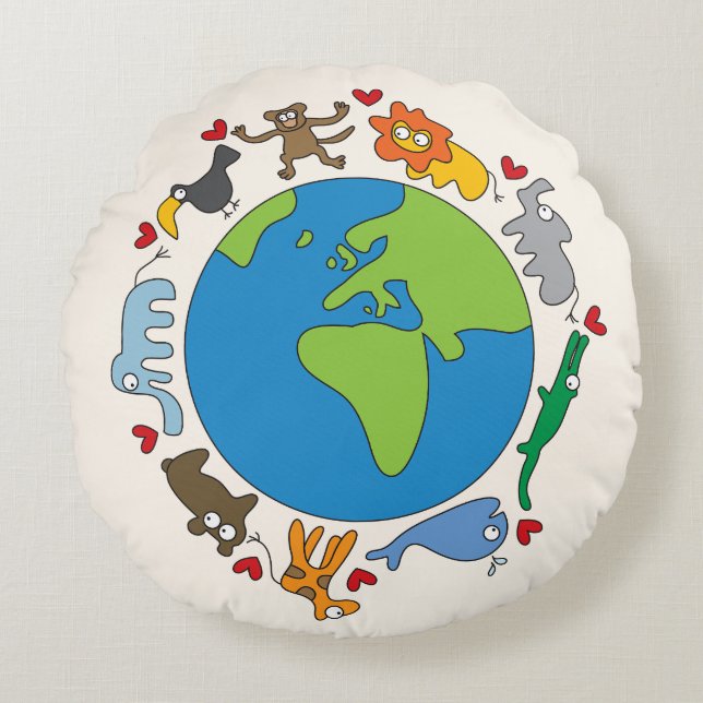 Peaceful Cute Cartoon Animals All Around The World Round Pillow (Front)