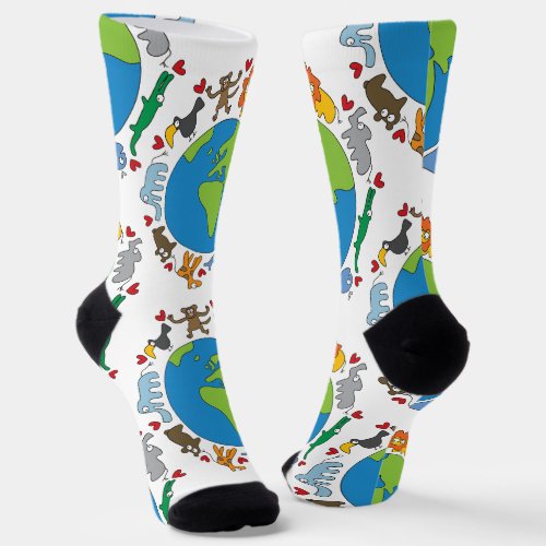 Peaceful Cute Cartoon Animals All Around The World Socks