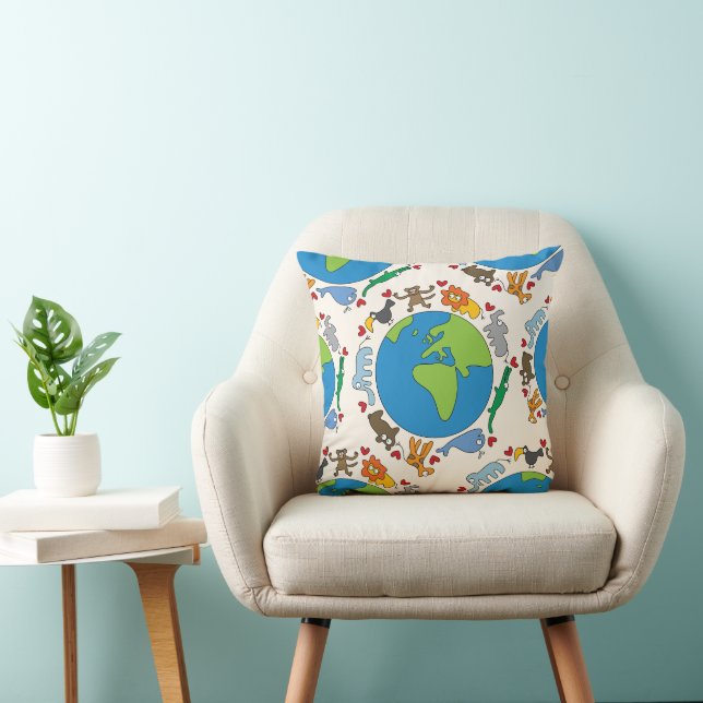 Peaceful Cute Cartoon Animals All Around The World Throw Pillow (Chair)