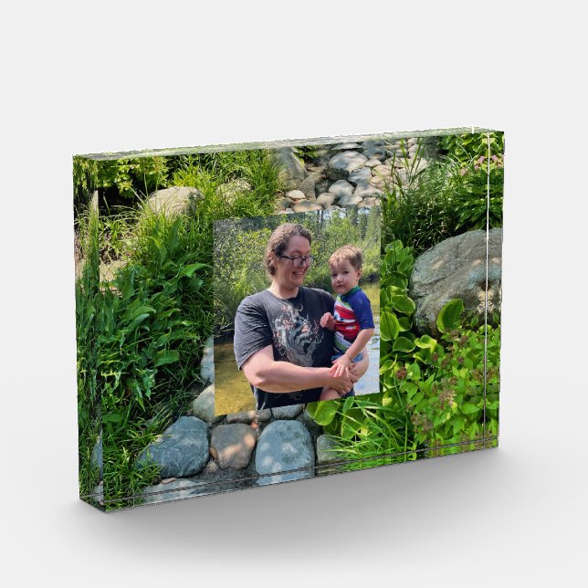 Peaceful dappled sunlight forest pathway template  photo block (Left)