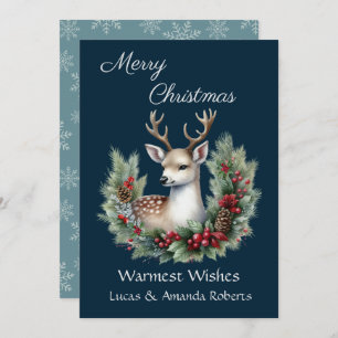 Peaceful Deer, with Holly Wreath, on Dark Blue  Holiday Card
