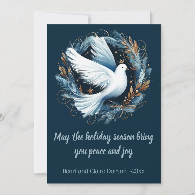 Peaceful Dove within Wreath of Blue Fronds Holiday Card (Front)