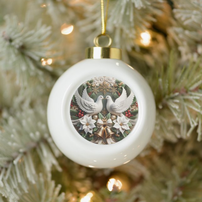 Peaceful Doves Poinsettias Elegant Christmas  Ceramic Ball Christmas Ornament (Tree)