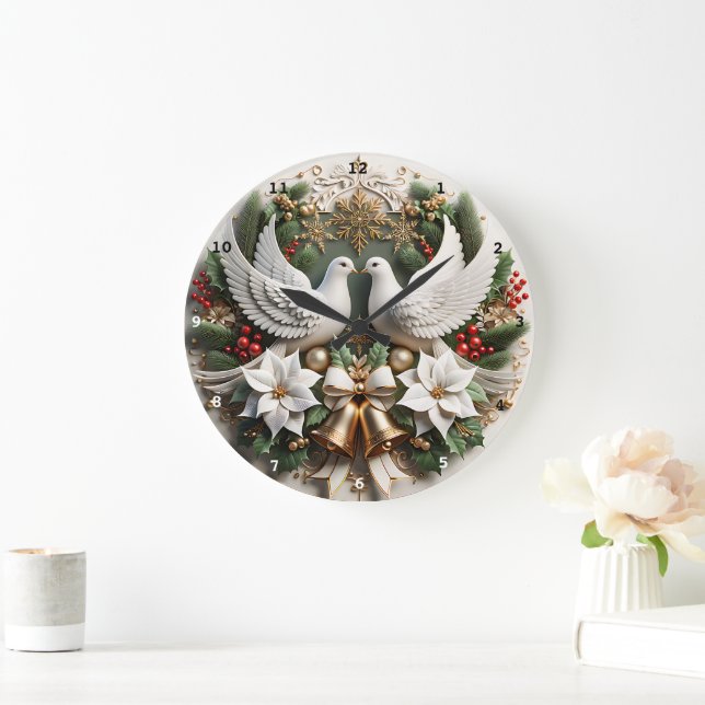Peaceful Doves Poinsettias Elegant Christmas Wall Large Clock (Home)