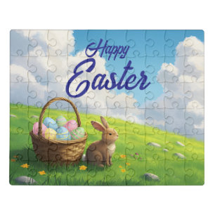 Peaceful Easter Spring Meadow Bunny & Egg Basket Jigsaw Puzzle