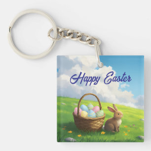 Peaceful Easter Spring Meadow Bunny & Egg Basket Keychain