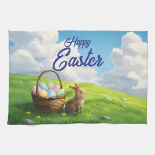 Peaceful Easter Spring Meadow Bunny & Egg Basket Kitchen Towel
