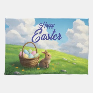 Peaceful Easter Spring Meadow Bunny & Egg Basket Kitchen Towel