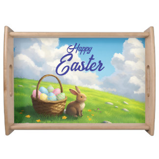 Peaceful Easter Spring Meadow Bunny & Egg Basket Serving Tray