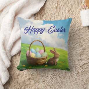 Peaceful Easter Spring Meadow Bunny & Egg Basket Throw Pillow