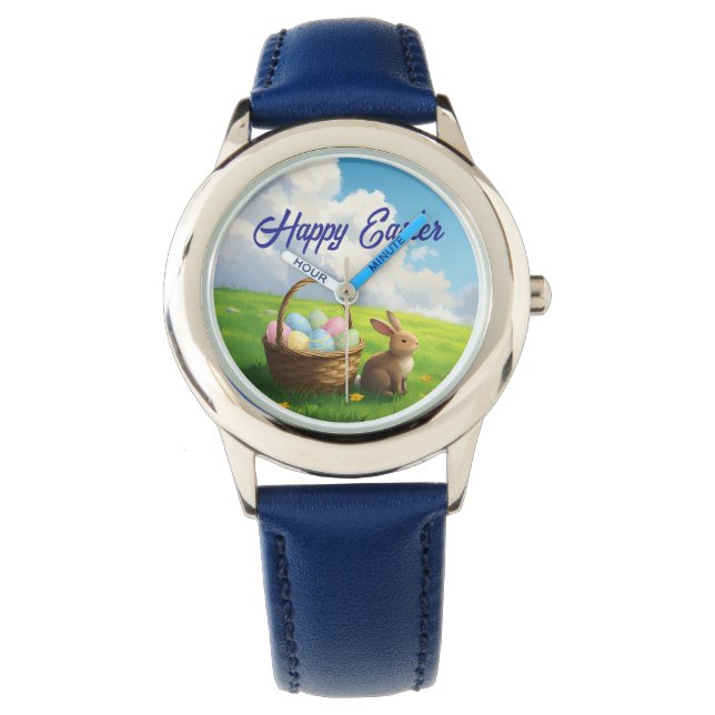 Peaceful Easter Spring Meadow Bunny & Egg Basket Watch (Front)
