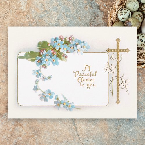 Peaceful Easter Vintage Cross with Forget_me_Nots Holiday Card