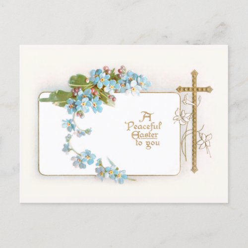 Peaceful Easter Vintage Cross with Forget_me_Nots Holiday Postcard