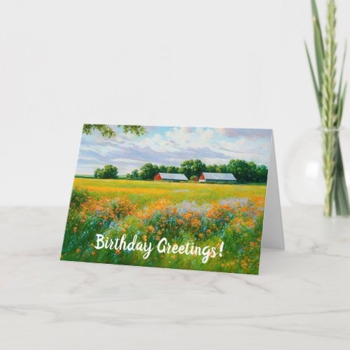 Peaceful Flower Farm Scene Floral Birthday Card