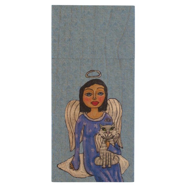 Peaceful Folk Art Angel White Cat Angel Sky Wood Flash Drive (Back (Vertical))