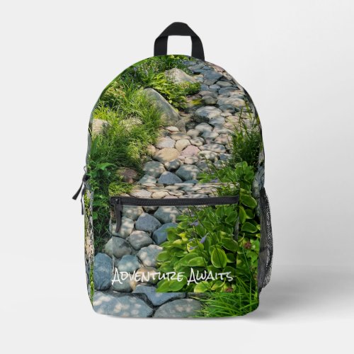 Peaceful forest image stone pathway dappled light printed backpack