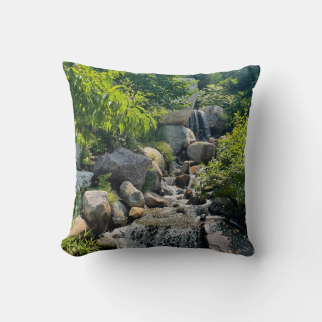 Peaceful Forest Stream Calming Greenery waterfall Throw Pillow (Front)