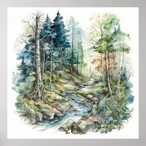 Peaceful Forest Stream Watercolor Poster