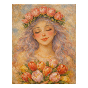 Peaceful Girl with Yellow Tulips Poster