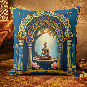 Peaceful Golden Buddha Meditating in India Throw Pillow