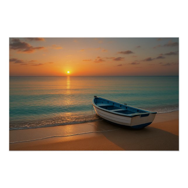 Peaceful Golden Sunset with Boat on Beach Poster (Front)