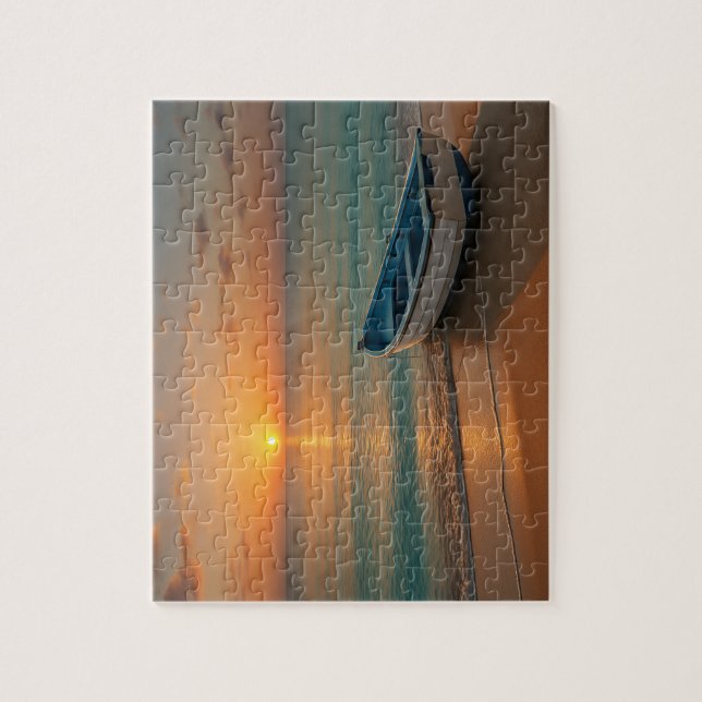 Peaceful Golden Sunset with Boat on Beach Puzzle (Vertical)