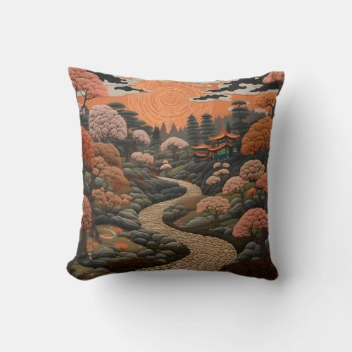 Peaceful Japanese Zen Garden Path in Spring Bloom  Throw Pillow